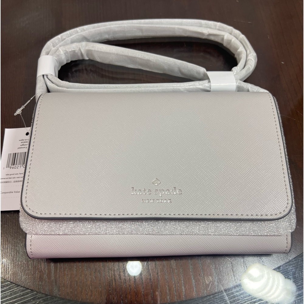 KATE SPADE NEW YORK DANA WALLET ON A STRING. BUTTER Platinum Grey NWT